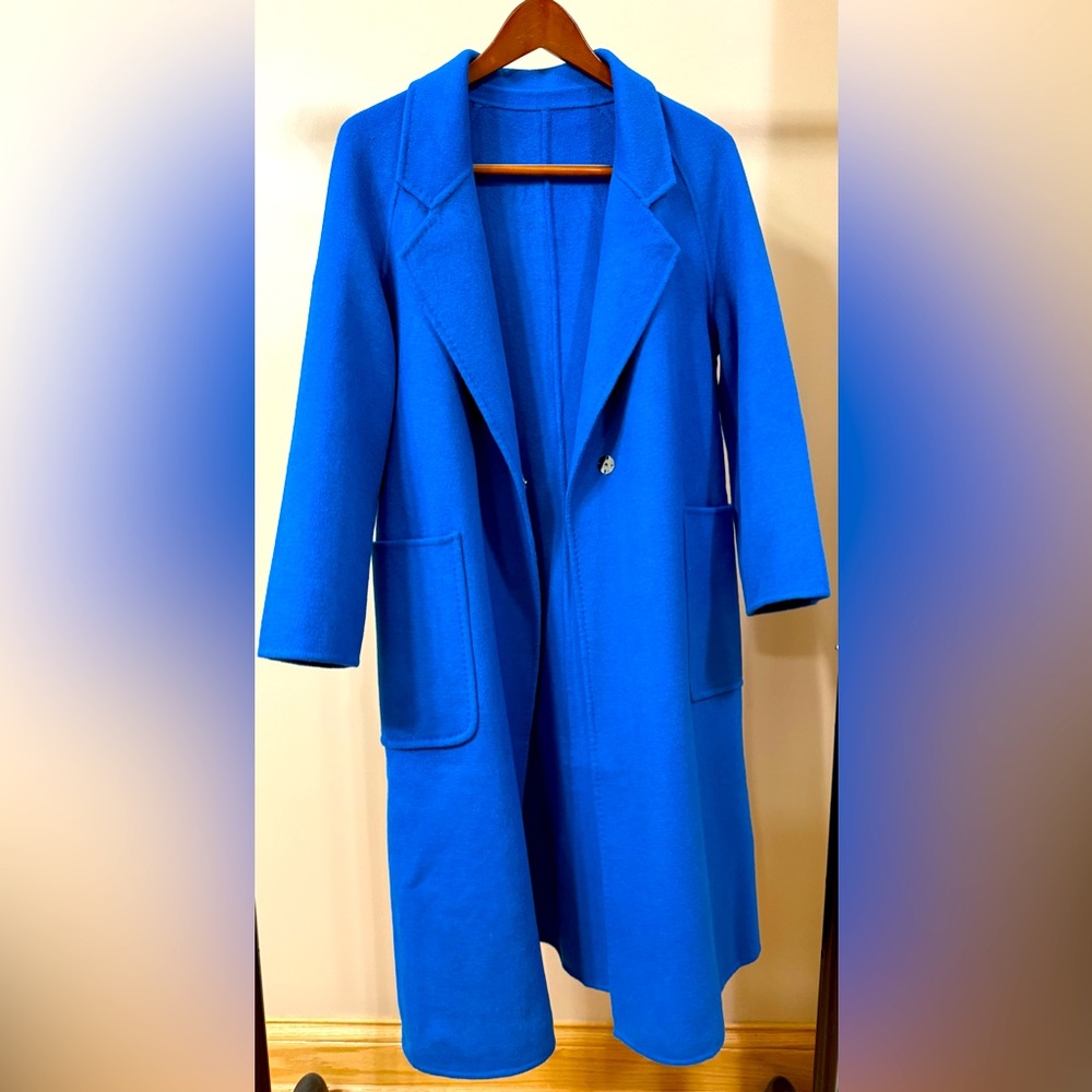Elegant Hand-Made Blue Wool Women's Long Coat Size M